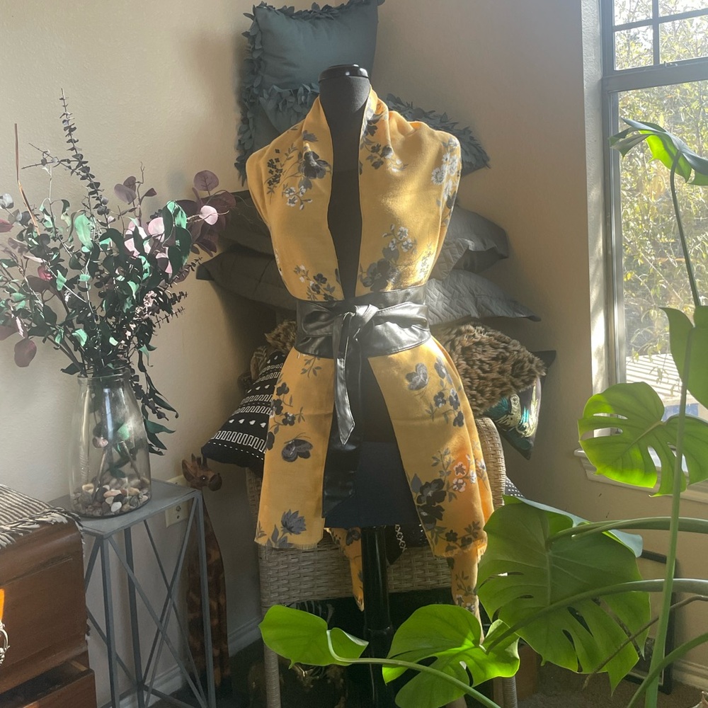 Elegant Golden Yellow Scarf Shawl Wrap with Butterflies